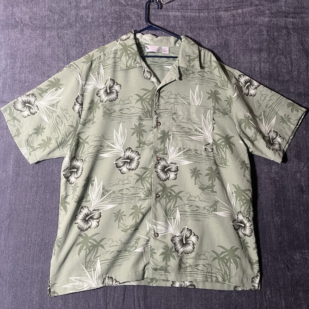 Island Shores Hawaiian Shirt Mens XL Sage Green Floral Hibiscus Palm Tree Aloha